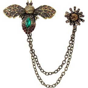 Retro Crystal Rhinestone Bee with Hanging Chain Brooch Collar Pins Gold Plated Suit Shirt Lapel Brooch Pin Costume Decorate Jewelry for Men Boy