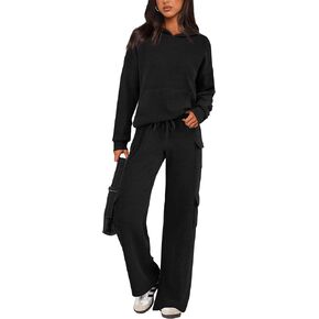 PRETTYGARDEN Women's 2 Piece Lounge Sets Knitted Hoodie Pullover Tops and Wide Leg Cargo Pants Matching Outfits Tracksuits