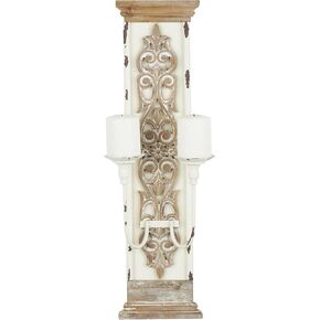 Deco 79 Wooden Scroll Distressed Washed Wall Sconce with Black Metal Candle Plate, Set of 2 6" W, 22" H, Light Brown