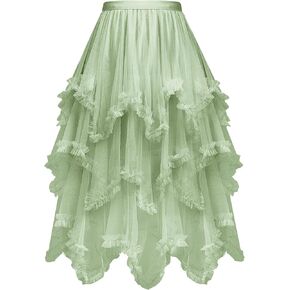 C-ZOFEK Women's Tiered Tulle Skirt, High Low Ruffle Elastic Waist Midi Skirt Tutu Mesh Fairy Costume