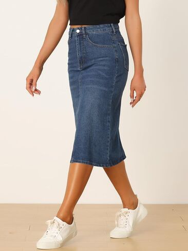 Allegra K Casual Denim Skirt for Women's High Waist Split Back Pockets Midi Jean Skirts in Saudi Arabia