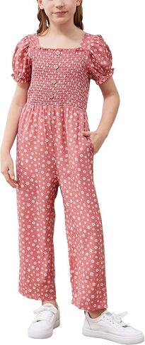 GORLYA Girls Puff Sleeve Casual Button Shirred Jumpsuit Outfits Straight Wide Leg Pant Jumper Rompers 4-14T in Saudi Arabia
