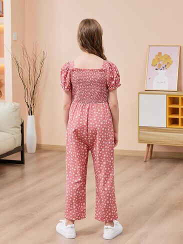 GORLYA Girls Puff Sleeve Casual Button Shirred Jumpsuit Outfits Straight Wide Leg Pant Jumper Rompers 4-14T in Saudi Arabia