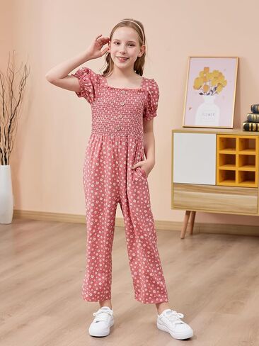 GORLYA Girls Puff Sleeve Casual Button Shirred Jumpsuit Outfits Straight Wide Leg Pant Jumper Rompers 4-14T in Saudi Arabia