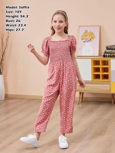 GORLYA Girls Puff Sleeve Casual Button Shirred Jumpsuit Outfits Straight Wide Leg Pant Jumper Rompers 4-14T in Saudi Arabia
