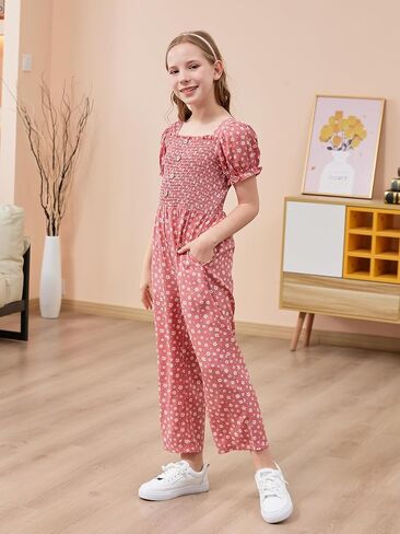 GORLYA Girls Puff Sleeve Casual Button Shirred Jumpsuit Outfits Straight Wide Leg Pant Jumper Rompers 4-14T in Saudi Arabia