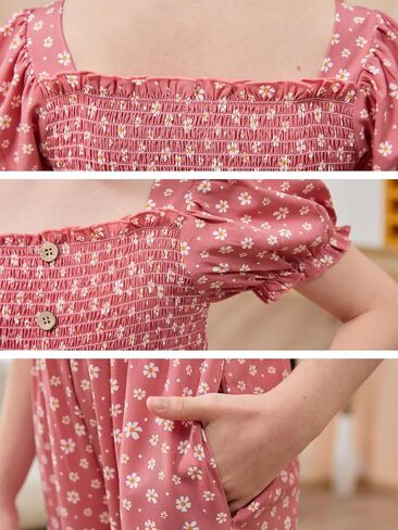 GORLYA Girls Puff Sleeve Casual Button Shirred Jumpsuit Outfits Straight Wide Leg Pant Jumper Rompers 4-14T in Saudi Arabia