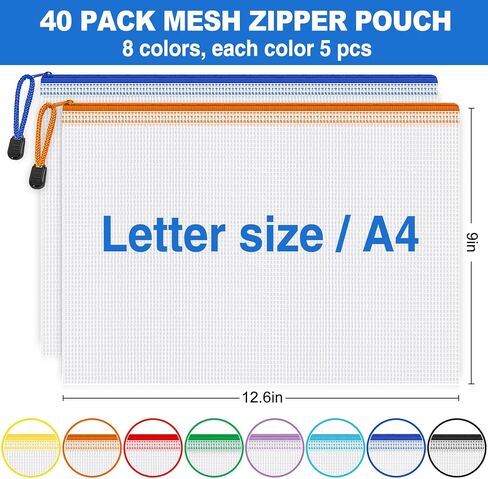 أكياس شبكية بسحاب، 40 قطعة من الحقائب الشبكية مقاس A4 بسحاب في 8 ألوان، أكياس مجلد ملفات بسحاب مقاومة للماء لتخزين التنظيم، حقيبة بسحاب بحجم الحروف للمدرسة/الفصل الدراسي/السفر/اللوازم المكتبية in Kuwait