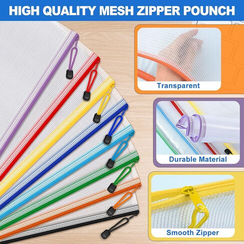 أكياس شبكية بسحاب، 40 قطعة من الحقائب الشبكية مقاس A4 بسحاب في 8 ألوان، أكياس مجلد ملفات بسحاب مقاومة للماء لتخزين التنظيم، حقيبة بسحاب بحجم الحروف للمدرسة/الفصل الدراسي/السفر/اللوازم المكتبية in Kuwait