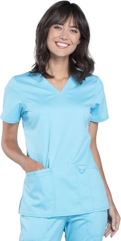 Cherokee Scrub Set For Women Modern Classic Fit 3 Pockets V-Neck Top WW620 with 5 Pockets Moderate Flare Leg Pant WW120, Turquoise- M Top/M Pant in Saudi Arabia