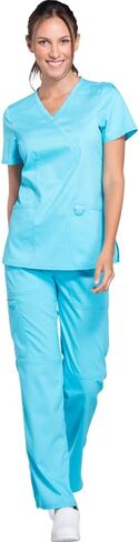 Cherokee Women Scrubs Set Workwear Revolution WW610 Mock Wrap Top & WW110 Mid Rise Straight Leg Pull-on Pant, Turquoise- M Top/M Pant in Saudi Arabia