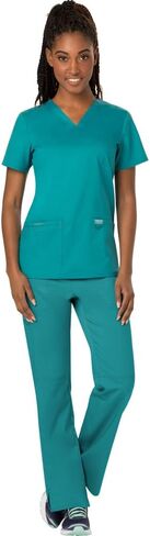 Cherokee Scrub Set For Women Modern Classic Fit 3 Pockets V-Neck Top WW620 with 5 Pockets Moderate Flare Leg Pant WW120, Teal Blue - M Top/M Pant in Saudi Arabia