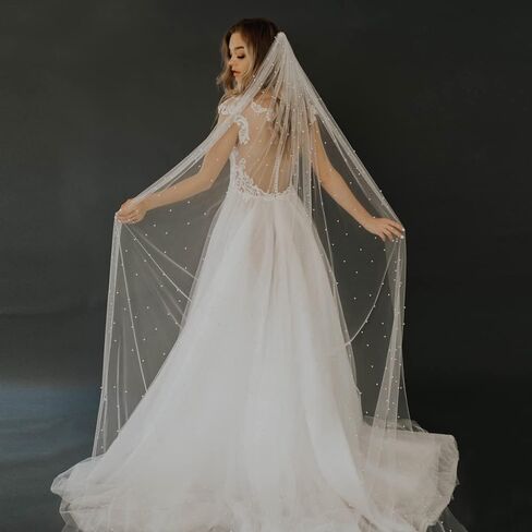 Pearl Bridal Veils for Woman Wedding Veil,1 Tier Ivory Cathedral Length Veils Long Bride Veil (Ivory 300) in Kuwait