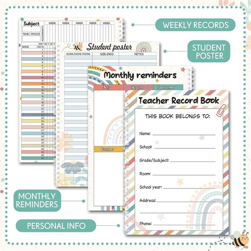 Teacher Record Book Teacher Grade Book Spiral Bound Record Class Gradebook Office Favors Gift for Classroom Attendance Supplies Decoration Double Sided Color Printing(Rainbow) in Saudi Arabia