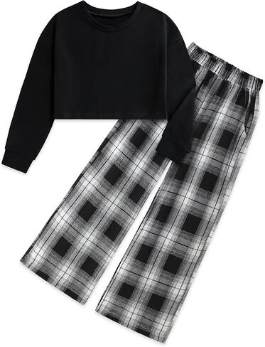Girls Clothes Solid Long Sleeve Tops Plaid Wide Leg Pants with Pockets Girls Outfits Size 6-14 in Kuwait