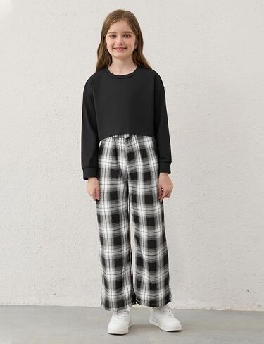 Girls Clothes Solid Long Sleeve Tops Plaid Wide Leg Pants with Pockets Girls Outfits Size 6-14 in Kuwait