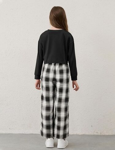 Girls Clothes Solid Long Sleeve Tops Plaid Wide Leg Pants with Pockets Girls Outfits Size 6-14 in Kuwait