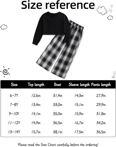 Girls Clothes Solid Long Sleeve Tops Plaid Wide Leg Pants with Pockets Girls Outfits Size 6-14 in Kuwait