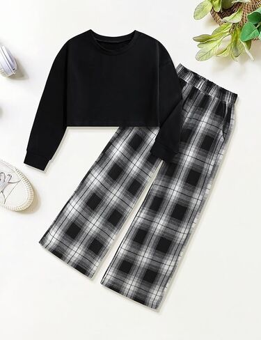 Girls Clothes Solid Long Sleeve Tops Plaid Wide Leg Pants with Pockets Girls Outfits Size 6-14 in Kuwait