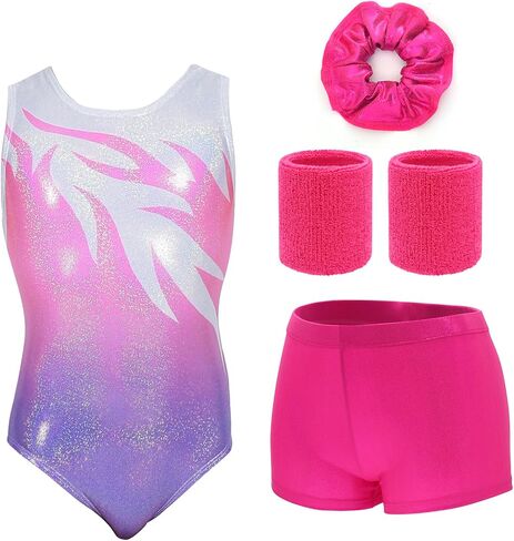 Aosva 5 in 1 Gymnastics Leotards Set for Girls One-piece Sparkle Colorful Dancing Athletic Leotards Shorts Set 2-14Years in Kuwait