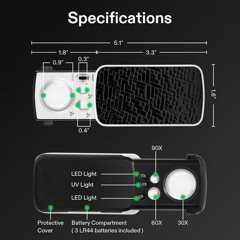 VIVOSUN Slide-Out Jewelry Loupe Magnifier 30X 60X 90X LED Lighted Eye Loupe with UV Light for Jewelry, Diamonds, Gems, Coins, Stamps, Rocks, Black in Kuwait