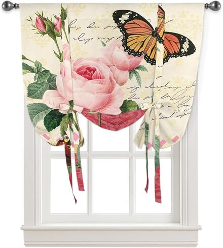 ربط الستائر ظلال النافذة، زهرة وردية نباتية عتيقة وقضيب فراشة جيب ربط نافذة الظل، ستارة بالون قابلة للتعديل للستائر وحمام المطبخ، لوحة واحدة، 34 بوصة × 45 بوصة in Kuwait