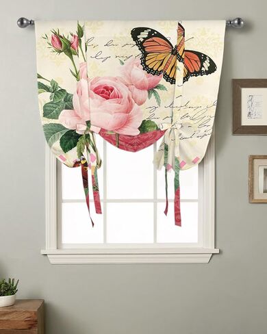 ربط الستائر ظلال النافذة، زهرة وردية نباتية عتيقة وقضيب فراشة جيب ربط نافذة الظل، ستارة بالون قابلة للتعديل للستائر وحمام المطبخ، لوحة واحدة، 34 بوصة × 45 بوصة in Kuwait