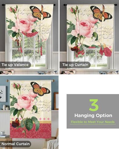 ربط الستائر ظلال النافذة، زهرة وردية نباتية عتيقة وقضيب فراشة جيب ربط نافذة الظل، ستارة بالون قابلة للتعديل للستائر وحمام المطبخ، لوحة واحدة، 34 بوصة × 45 بوصة in Kuwait