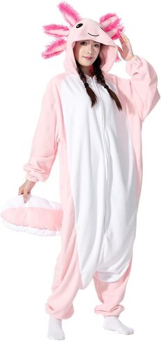 Axolotl Costume Adults Onesies Unisex Pajamas Cosplay Animal Plush Homewear Halloween Jumpsuit for Men Women in Saudi Arabia