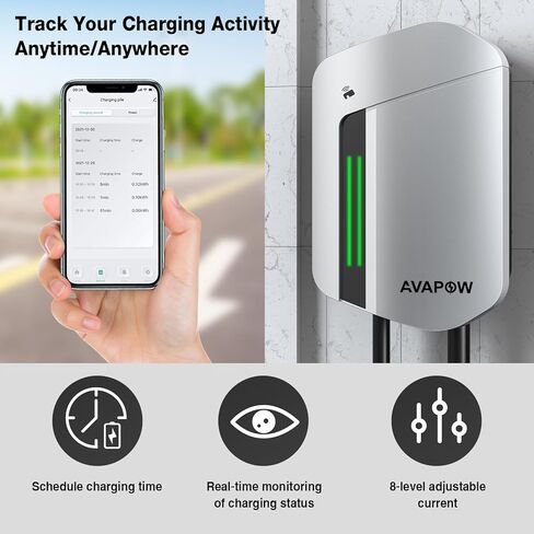 شاحن AVAPOW المستوى 2، ما يصل إلى 48 أمبير مع التحكم في التطبيق، شحن السيارة الكهربائية بطول 25 قدمًا، ضبط التيار، تأخير الشحن، فتح RFID، قابس NEMA 14-50، شاحن سيارة كهربائي مناسب لـ J1772 EVs in Kuwait