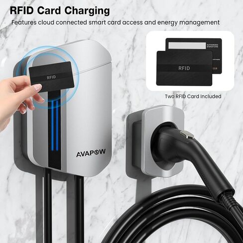 شاحن AVAPOW المستوى 2، ما يصل إلى 48 أمبير مع التحكم في التطبيق، شحن السيارة الكهربائية بطول 25 قدمًا، ضبط التيار، تأخير الشحن، فتح RFID، قابس NEMA 14-50، شاحن سيارة كهربائي مناسب لـ J1772 EVs in Kuwait