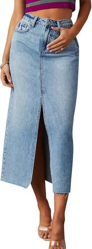 Women's High Waisted Denim Skirt Front Slit Midi A-Line Casual Long Maxi Jean Skirts with Pocket in Saudi Arabia
