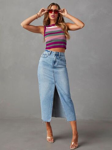 Women's High Waisted Denim Skirt Front Slit Midi A-Line Casual Long Maxi Jean Skirts with Pocket in Saudi Arabia
