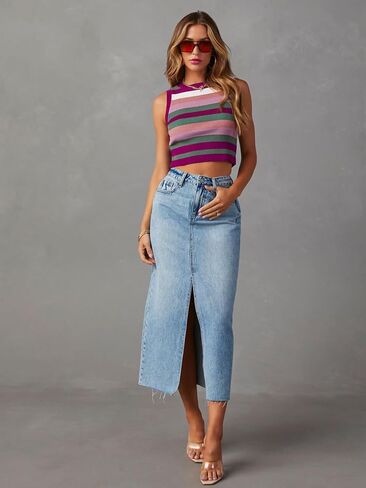 Women's High Waisted Denim Skirt Front Slit Midi A-Line Casual Long Maxi Jean Skirts with Pocket in Saudi Arabia