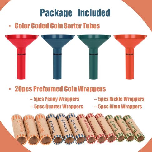Preformed Coin Wrappers with Coin Sorter Tubes, 4 Coin Sorting Tubes Plastic with 20 PCS Coin Rolls Wrappers Assorted in Saudi Arabia