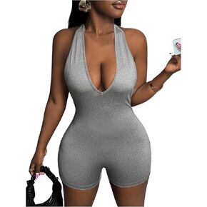 OYOANGLE Women's Backless Halter Neck Romper Sleeveless Unitard Seamless Short Jumpsuit