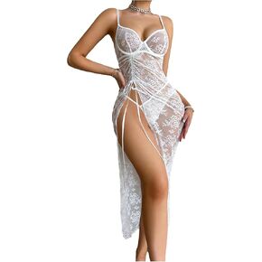 Women's Lingerie Set Spaghetti Strap Lace Sheer Mesh High Slit Babydoll Dress Cut Out Thongs Sleepwear