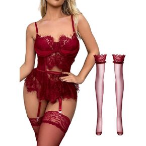 Lilosy Sexy Stocking Underwire Babydoll Lace Mesh Garter Lingerie Set with Panty 4 Piece