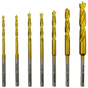 7-Piece HSS Brad Point Wood Drill Bit Set, Titanium Nitride Coating with 1/8" Straight Shank for Rotary Tools, SAE Sizes 3/32"-1/8"-5/32"-3/16"-1/4" in Storage Case