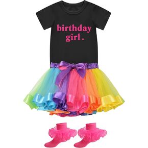 Birthday Outfit Girl Toddler 3 Pcs Skirt Sets Birthday Girl Shirt and Tutu Skirt with Lace Ruffle Socks