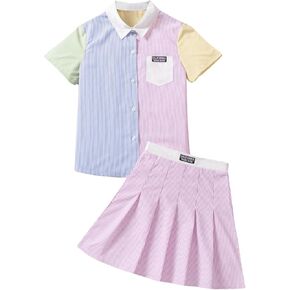 OYOANGLE Girl's 2 Piece Outfits Color Block Striped Short Sleeve Shirt and Pleated Short Skirt Set