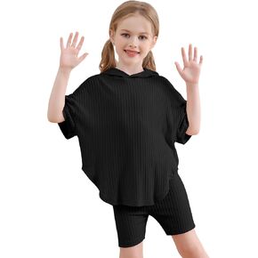 LecGee Girl Summer Casual Short Sets Ribbed Knit Short Sleeve Hoodie Shirt Top Biker Shorts 2 Piece Outfits Tracksuit