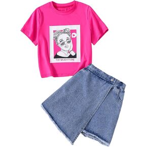 Floerns Girl's 2 Piece Sets Graphic Tee Shirts Raw Hem Wrap Denim Shorts Outfits