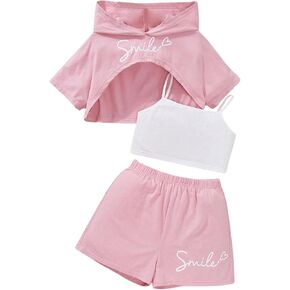 SweatyRocks Girl's 3 Piece Outfits Letter Print Short Sleeve Hooded Tops and Cami Tops with Shorts Set
