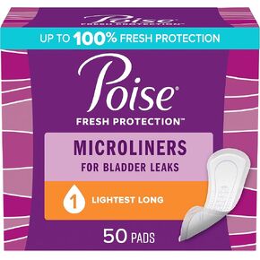 Poise Daily Microliners, Incontinence Panty Liners, 1 Drop Lightest Absorbency, Long, 50 Count of Pantiliners, Packaging May Vary in Kuwait