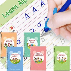 Grooved Writing Books for Kids, Magic Practice Copybook, Reusable Handwriting Practice Book Kit for Kids Age 3-8 ​Calligraphy, 7.8in×5.5in