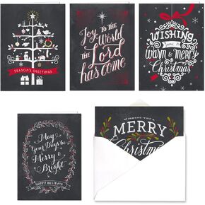 Christmas Pines Typography Christmas Holiday Card Assortment Pack - Set of 24 cards, 3 designs. 5'' x 7'' folded, verses inside. Made in the USA. Blank white envelopes.
