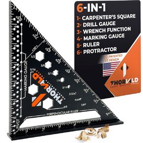 THORVALD 6-in-1 Carpenter Square 7 inch (1/16" Precision) T Square Multi-Purpose Carpenter Tools : Wrench, Square, Protractor, Ruler, Marking Gauge, Drill Gauge, Includes 2-in-1 Carpentry Pencil