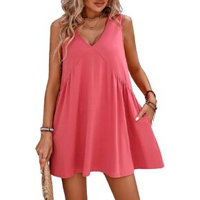 Womens Summer Sleeveless Mini Dress Casual Loose V Neck Pleated Flowy Babydoll Beach Sundress with Pockets