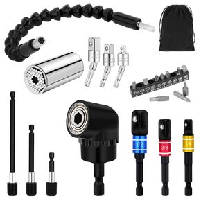 22pcs Flexible-Drill-Bit-Extension Set, 105°Right-Angle-Drill Attachment,Hex Shank Drill-Bit-Kit Rotatable Joint Socket 1/4 3/8 1/2 in Hex Socket Adapter Bendable Drill-Bit-Extension Screwdriver Bit